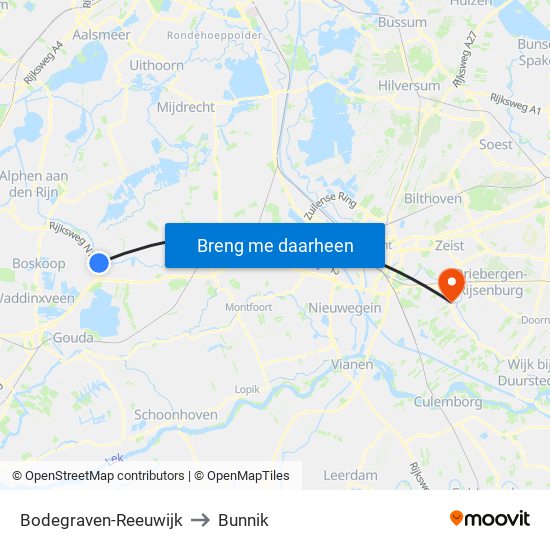 Bodegraven-Reeuwijk to Bunnik map