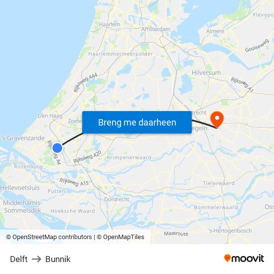 Delft to Bunnik map
