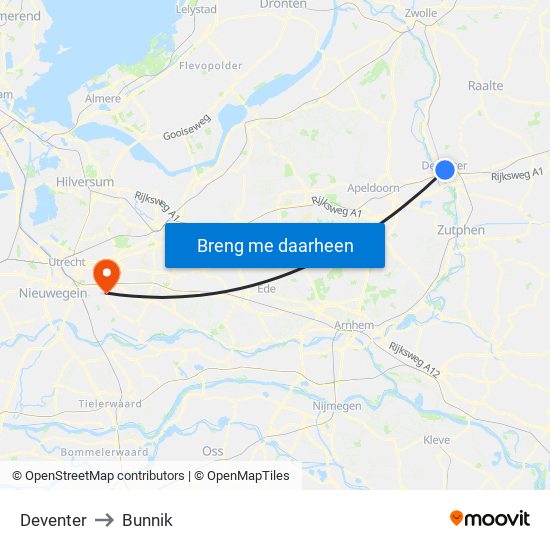 Deventer to Bunnik map