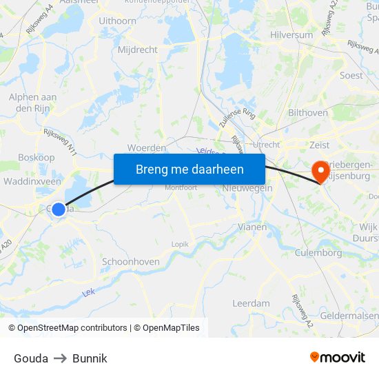 Gouda to Bunnik map