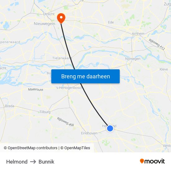 Helmond to Bunnik map