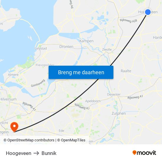 Hoogeveen to Bunnik map