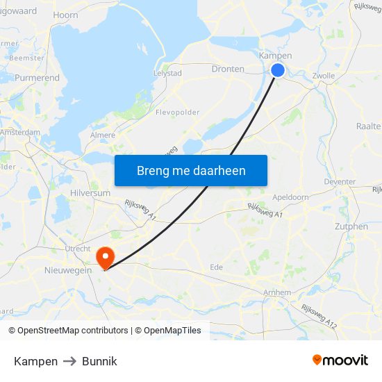 Kampen to Bunnik map