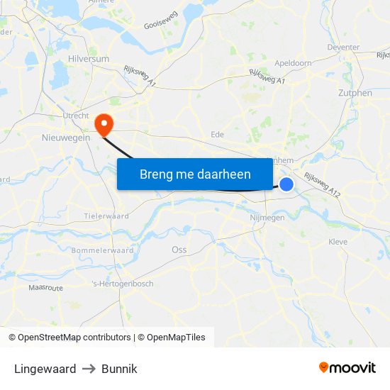 Lingewaard to Bunnik map