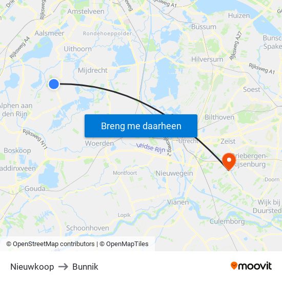 Nieuwkoop to Bunnik map