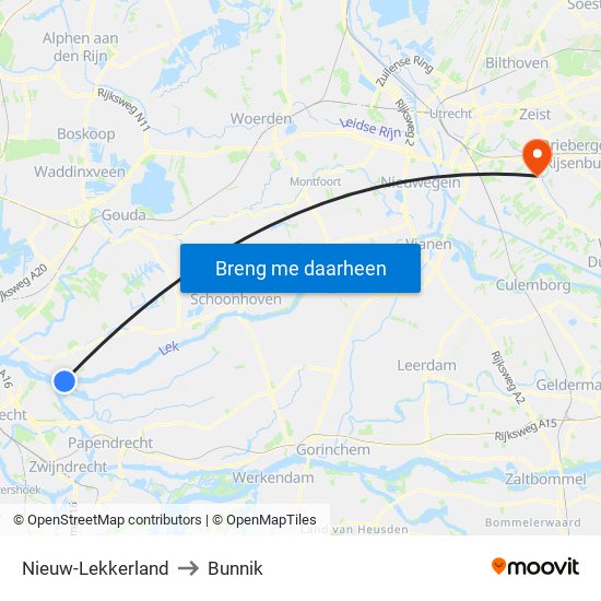 Nieuw-Lekkerland to Bunnik map