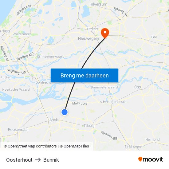 Oosterhout to Bunnik map