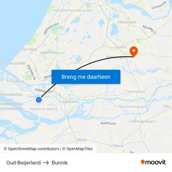 Oud-Beijerland to Bunnik map