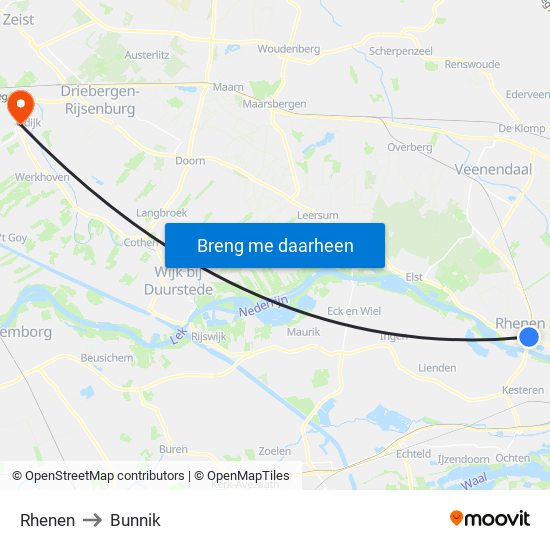 Rhenen to Bunnik map