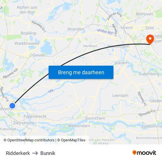 Ridderkerk to Bunnik map