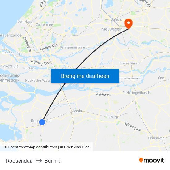 Roosendaal to Bunnik map