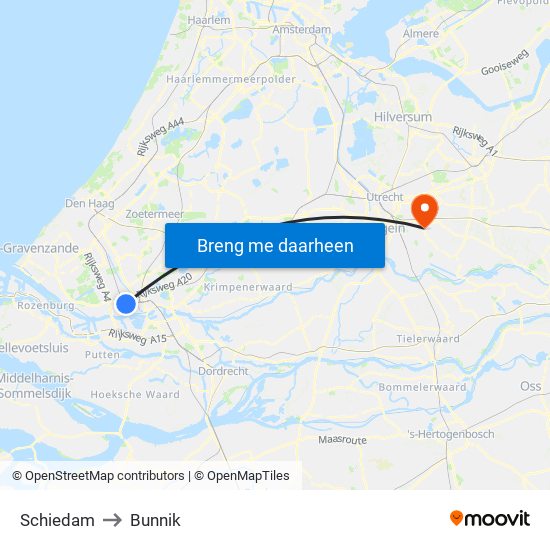 Schiedam to Bunnik map
