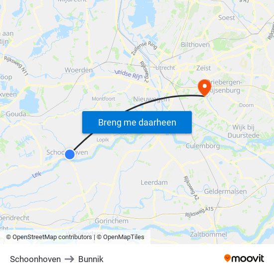 Schoonhoven to Bunnik map