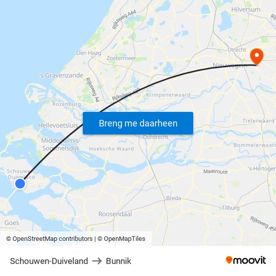 Schouwen-Duiveland to Bunnik map