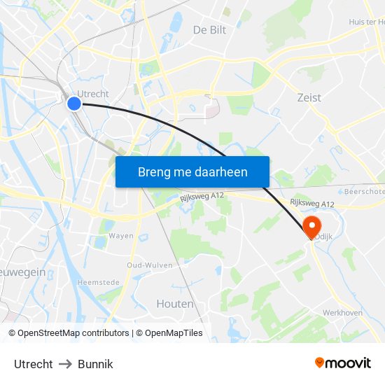 Utrecht to Bunnik map