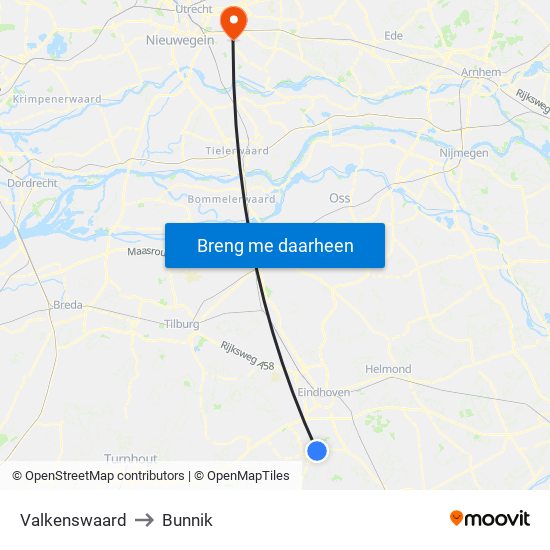 Valkenswaard to Bunnik map