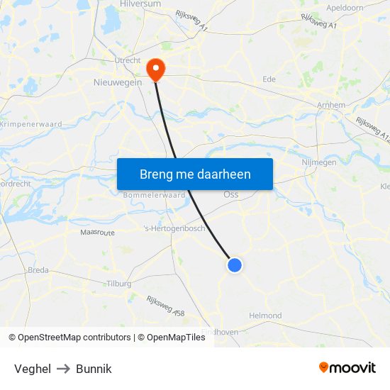 Veghel to Bunnik map