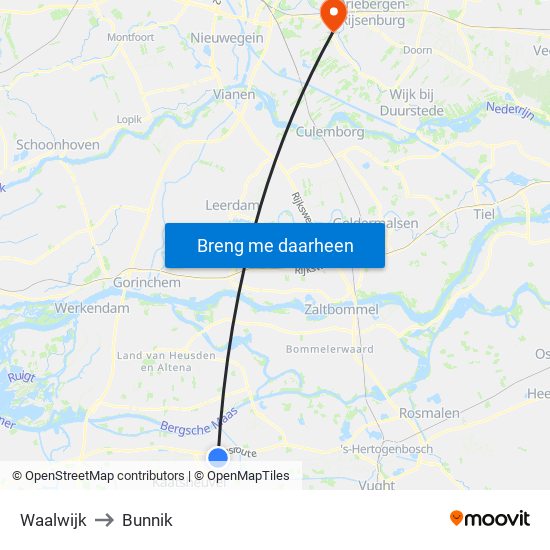 Waalwijk to Bunnik map
