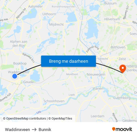 Waddinxveen to Bunnik map