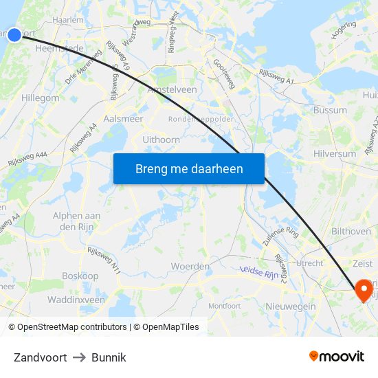 Zandvoort to Bunnik map