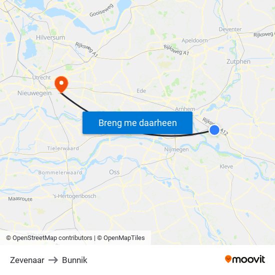 Zevenaar to Bunnik map