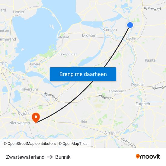 Zwartewaterland to Bunnik map