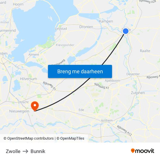 Zwolle to Bunnik map