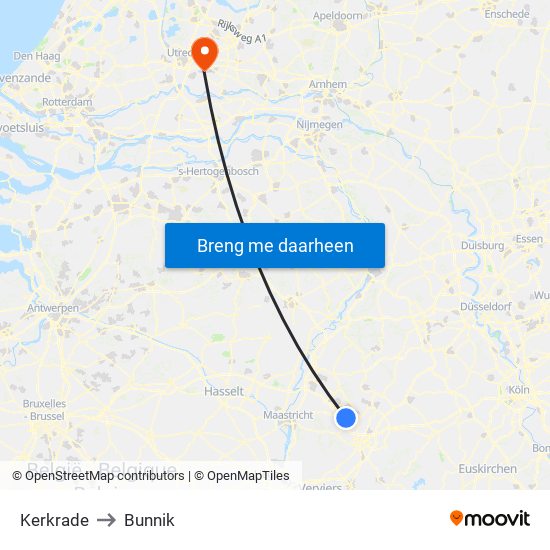 Kerkrade to Bunnik map