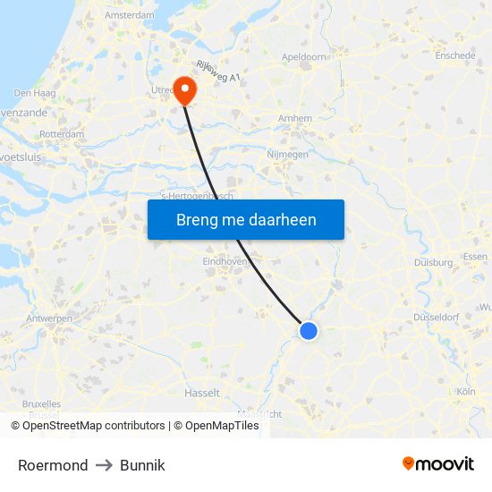 Roermond to Bunnik map