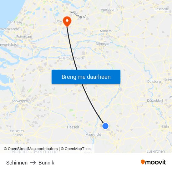 Schinnen to Bunnik map