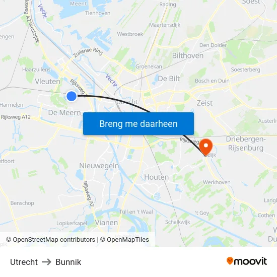 Utrecht to Bunnik map