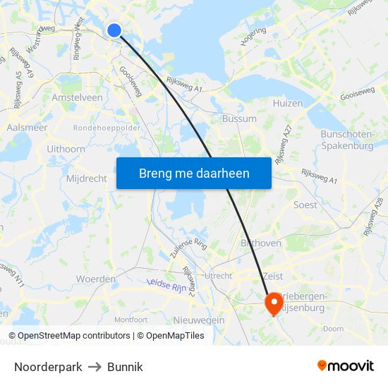 Noorderpark to Bunnik map