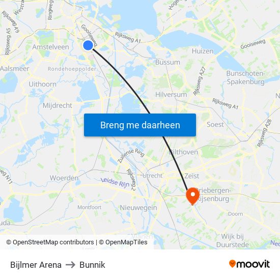 Bijlmer Arena to Bunnik map