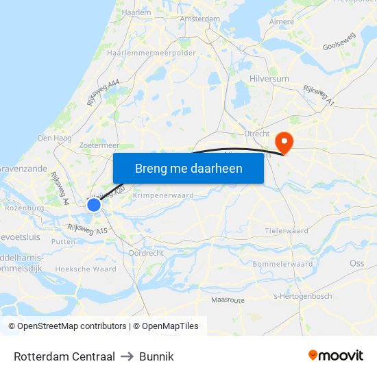 Rotterdam Centraal to Bunnik map