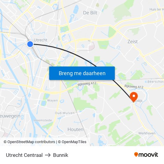 Utrecht Centraal to Bunnik map