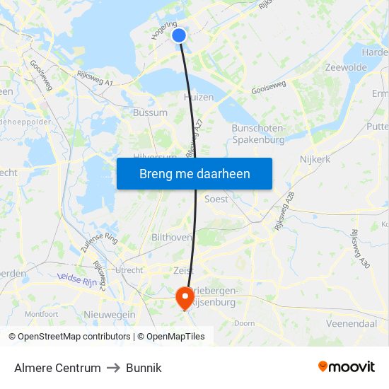 Almere Centrum to Bunnik map
