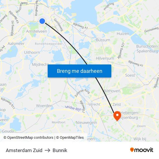 Amsterdam Zuid to Bunnik map