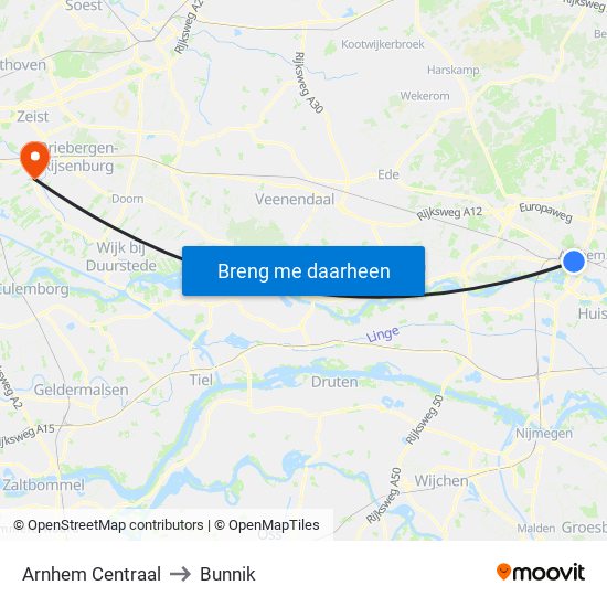 Arnhem Centraal to Bunnik map