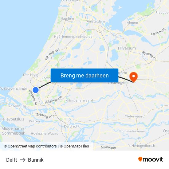 Delft to Bunnik map