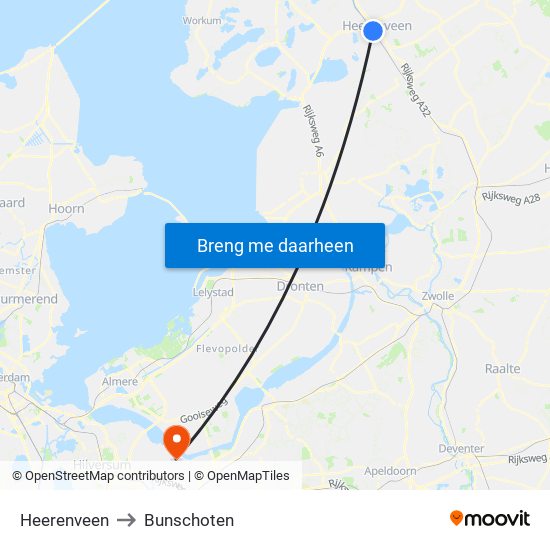 Heerenveen to Bunschoten map