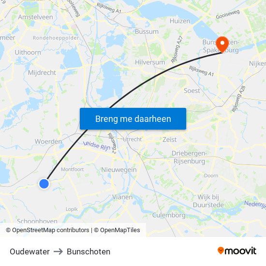 Oudewater to Bunschoten map