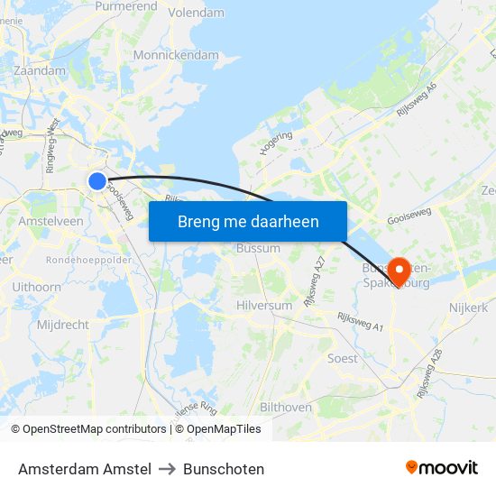 Amsterdam Amstel to Bunschoten map
