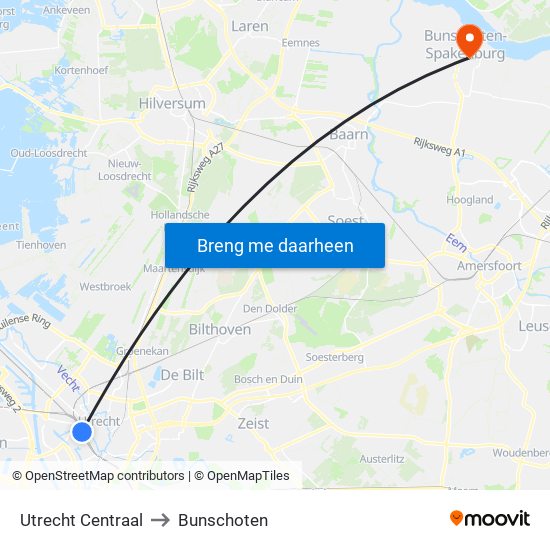 Utrecht Centraal to Bunschoten map