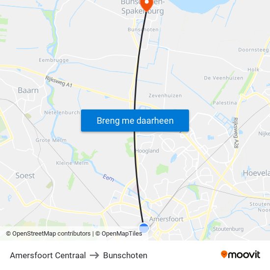 Amersfoort Centraal to Bunschoten map