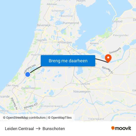 Leiden Centraal to Bunschoten map