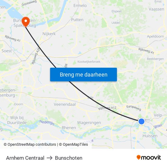 Arnhem Centraal to Bunschoten map