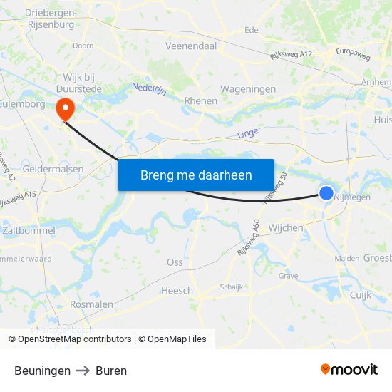 Beuningen to Buren map