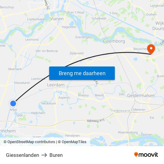 Giessenlanden to Buren map