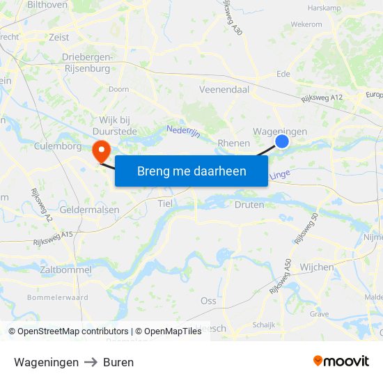 Wageningen to Buren map