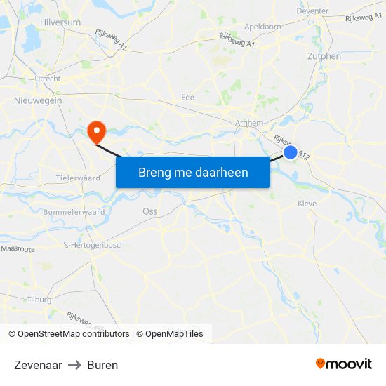 Zevenaar to Buren map